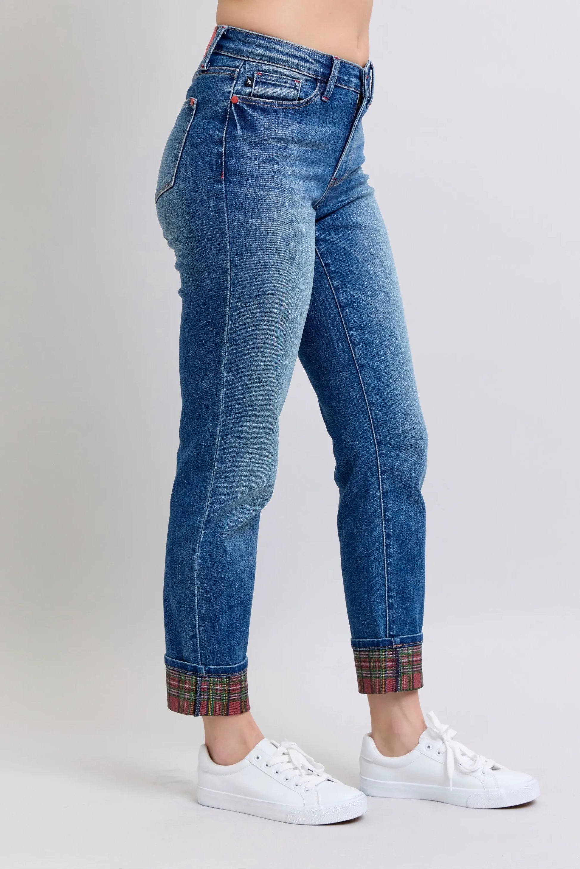 Judy Blue Full Size Mr Plaid Print Cuff Bf Jeans Plus Size - Premium Women / Jeans & Denim from Trendsi - Just $66.99! Shop now at Handbags Specialist Headquarter