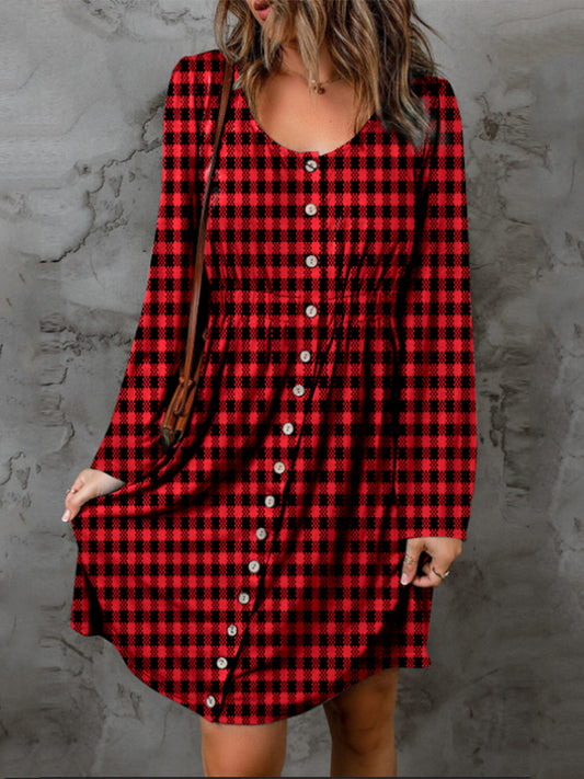 Double Take Full Size Plaid Round Neck Long Sleeve Magic Dress - Premium Dresses from Trendsi - Just $16.99! Shop now at Handbags Specialist Headquarter