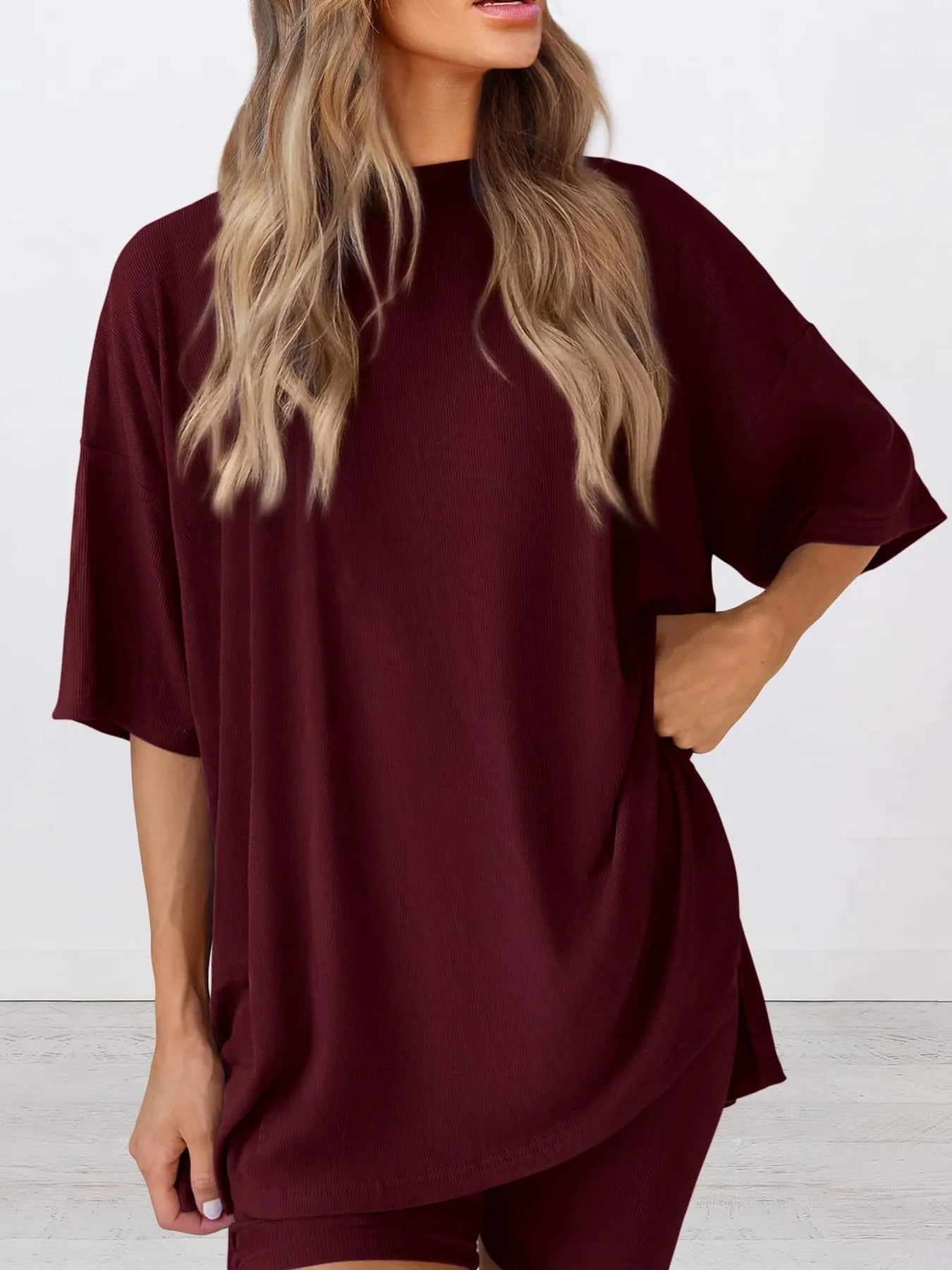 Full Size Oversized Slit Round Neck Top and Shorts Lounge Set Plus Size - Premium Sleepwear from Trendsi - Just $28.99! Shop now at Handbags Specialist Headquarter