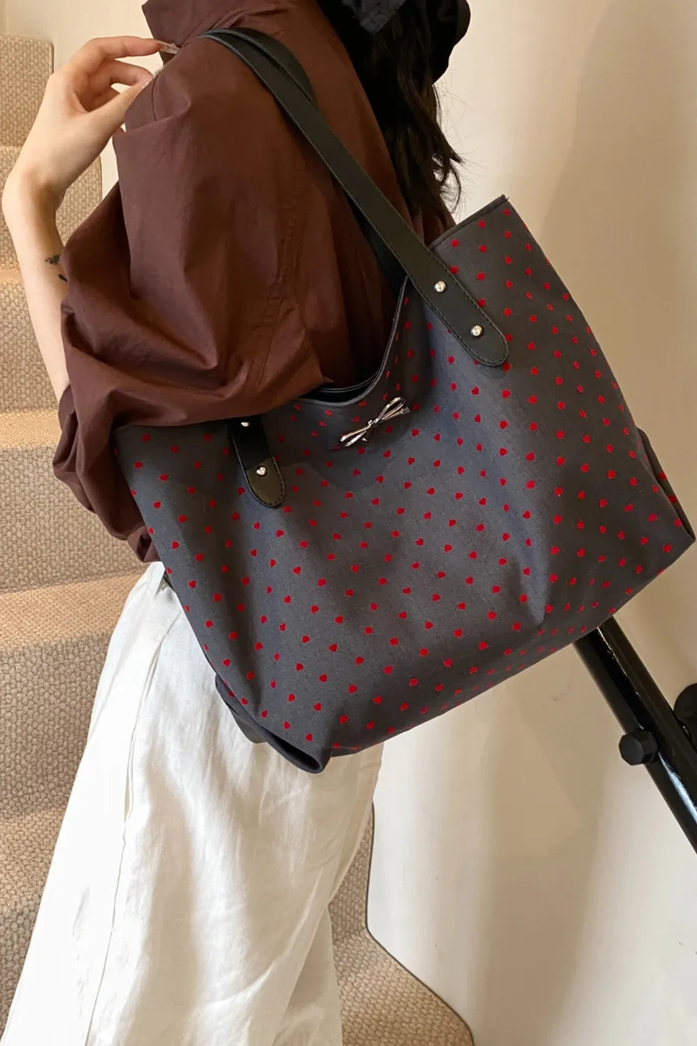 Polyester Bow Polka Dot Tote Bag - Premium Tote Bag from Trendsi - Just $39.99! Shop now at Handbags Specialist Headquarter