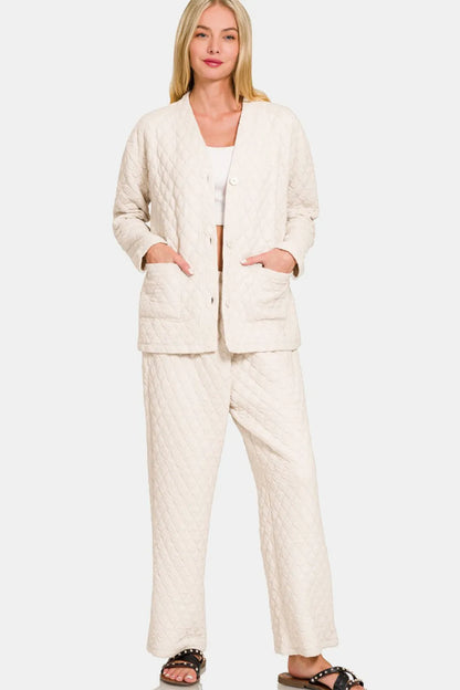 Zenana Quilted Button Up Long Sleeve Top and Pants Lounge Set - Premium Sleepwear from Trendsi - Just $46.99! Shop now at Handbags Specialist Headquarter