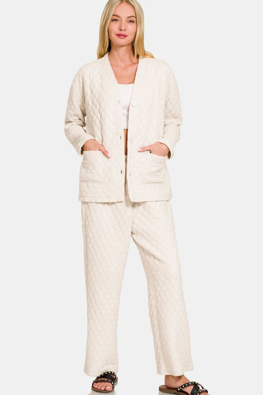 Zenana Quilted Button Up Long Sleeve Top and Pants Lounge Set - Premium Sleepwear from Trendsi - Just $46.99! Shop now at Handbags Specialist Headquarter