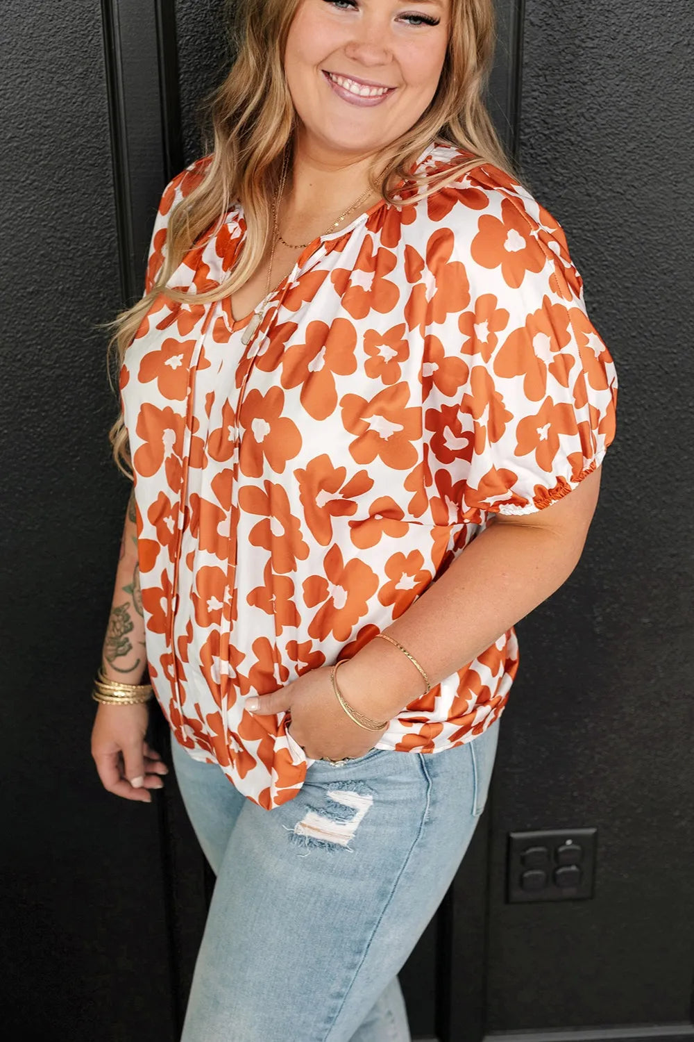 Plus Size Printed Tie Neck Short Sleeve Blouse - Premium Plus Size Shirts from Trendsi - Just $21! Shop now at Handbags Specialist Headquarter