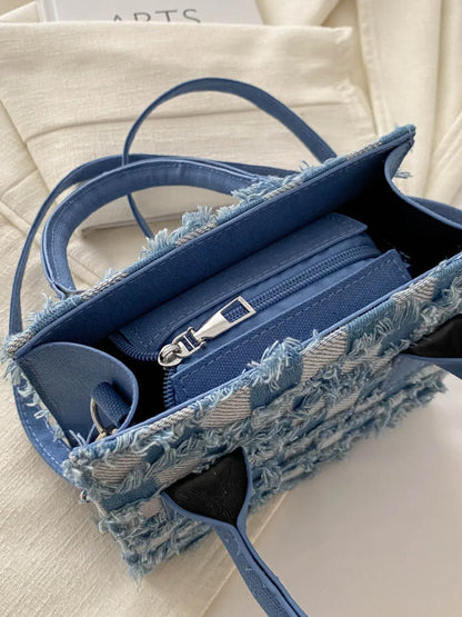 Raw Hem Checkered Denim Handbag - Premium Tote Bag from Trendsi - Just $39.99! Shop now at Handbags Specialist Headquarter