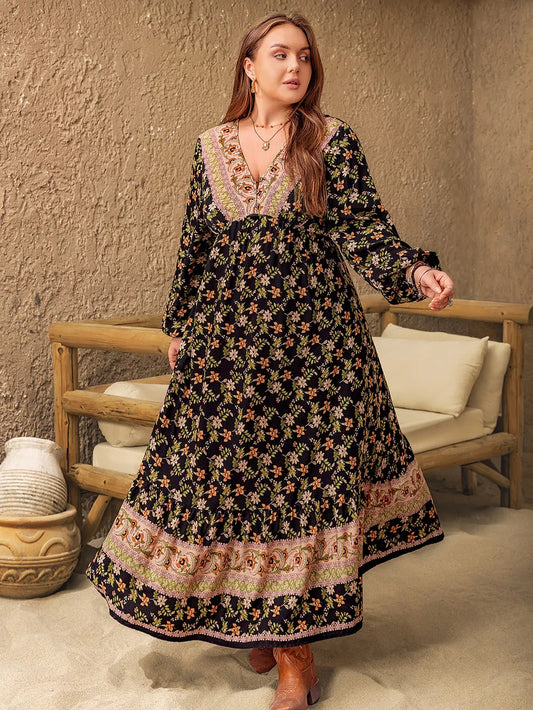Plus Size Floral V-Neck Balloon Sleeve Dress - Premium Dresses from Trendsi - Just $45.99! Shop now at Handbags Specialist Headquarter