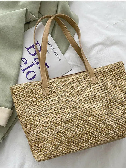Solid Color Woven Tote Bag - Premium Tote Bag from Trendsi - Just $35.99! Shop now at Handbags Specialist Headquarter
