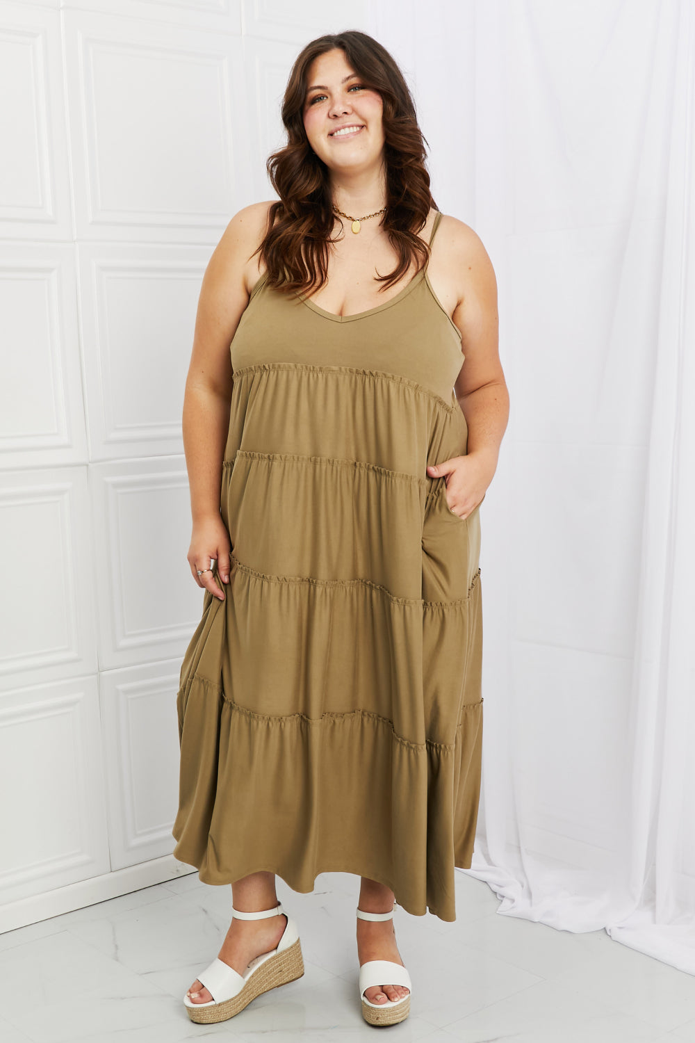 Zenana Full Size Spaghetti Strap Tiered Dress with Pockets in Khaki - Premium Dresses from Trendsi - Just $21.99! Shop now at Handbags Specialist Headquarter