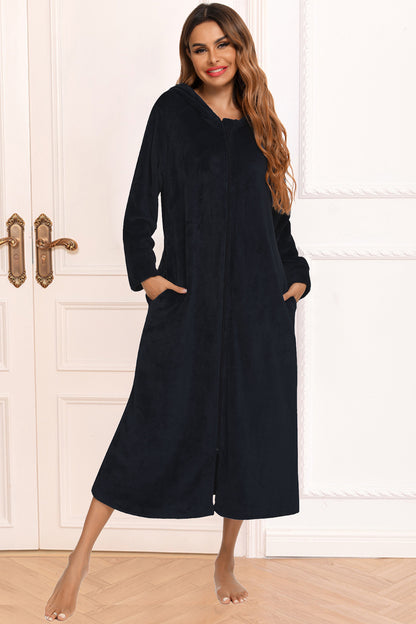 Zip Front Hooded Night Dress with Pockets - Premium Sleepwear from Trendsi - Just $60.99! Shop now at Handbags Specialist Headquarter