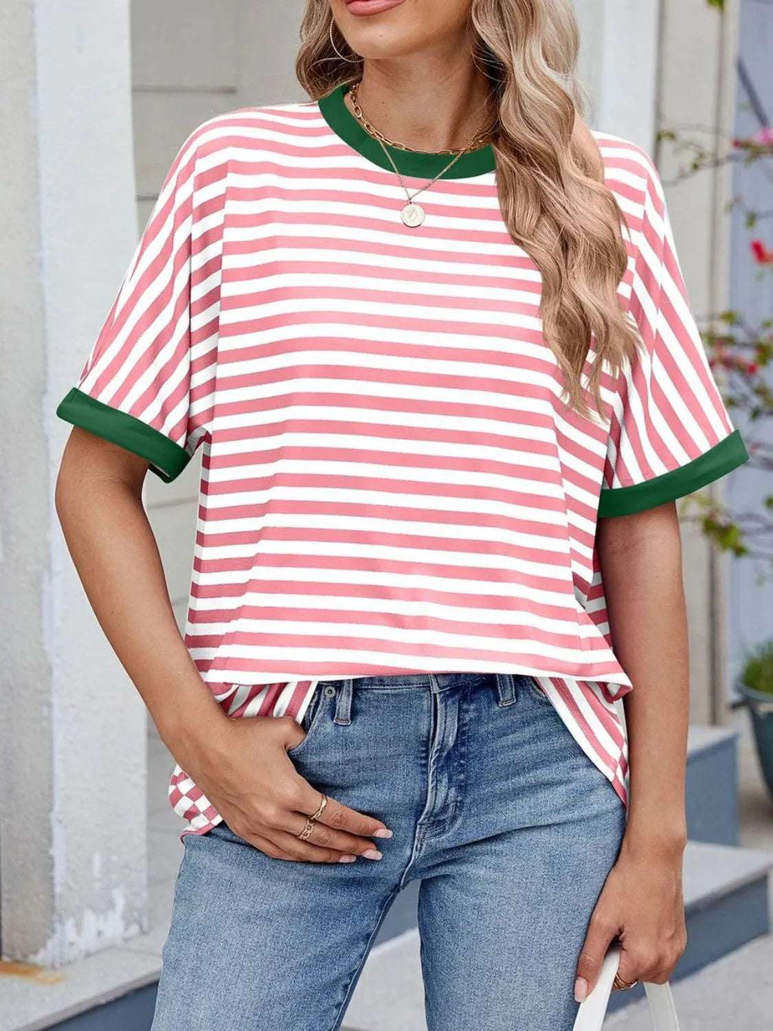 Striped Round Neck Half Sleeve T-Shirt - Premium Women / Tops from Trendsi - Just $19.34! Shop now at Handbags Specialist Headquarter