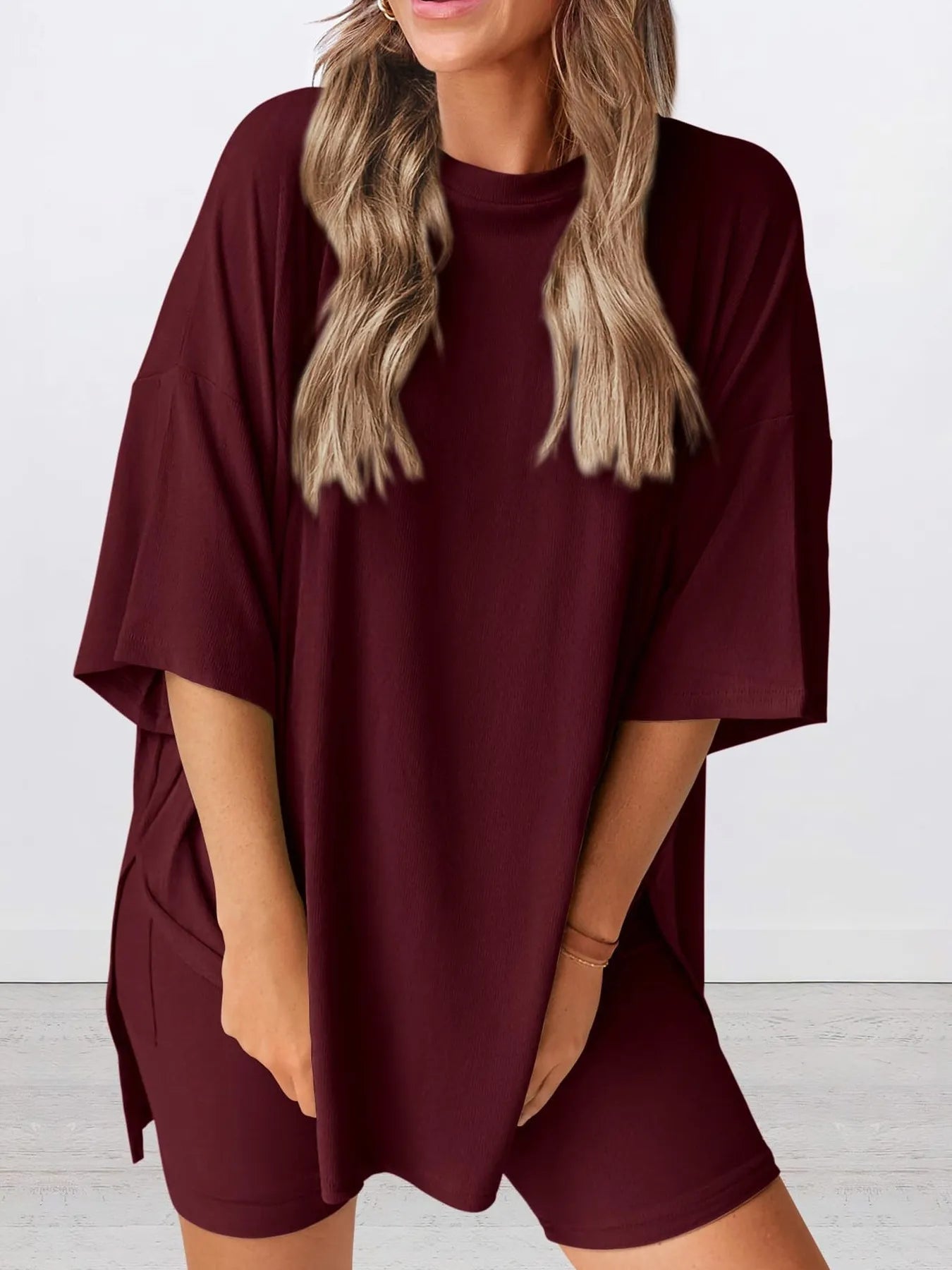 Full Size Oversized Slit Round Neck Top and Shorts Lounge Set Plus Size - Premium Sleepwear from Trendsi - Just $28.99! Shop now at Handbags Specialist Headquarter