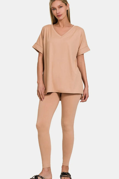 Zenana Full Size V-Neck Rolled Short Sleeve T-Shirt and Leggings Lounge Set - Premium sleepwear from Trendsi - Just $31.99! Shop now at Handbags Specialist Headquarter
