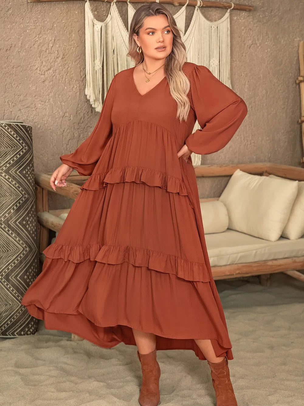 Plus Size Ruffled V-Neck Balloon Sleeve Dress - Premium Dresses from Trendsi - Just $46.99! Shop now at Handbags Specialist Headquarter