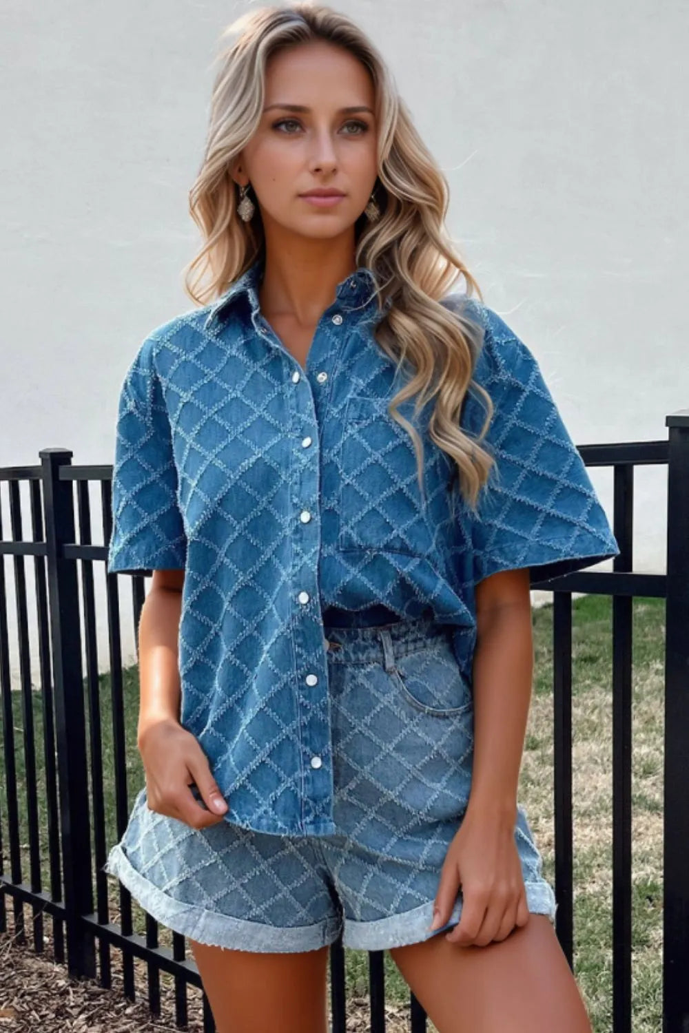 Pocketed Collared Neck Short Sleeve Denim Shirt - Premium Women / Jeans & Denim from Trendsi - Just $40.86! Shop now at Handbags Specialist Headquarter