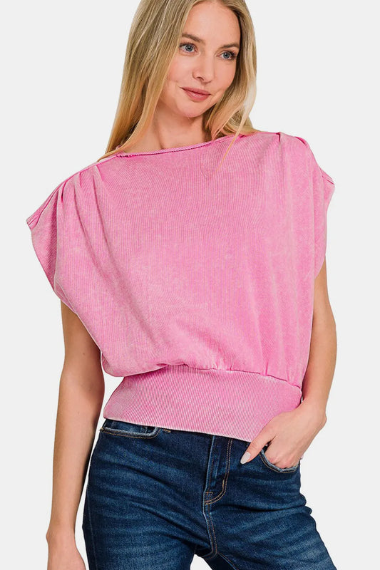 Zenana Washed Boat Neck Bottom Banded Dolman Sleeve Top - Premium  from Trendsi - Just $27.99! Shop now at Handbags Specialist Headquarter