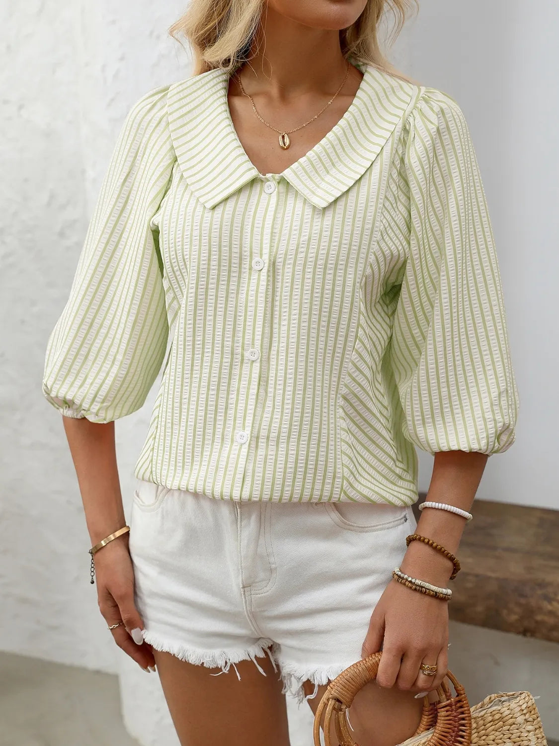 Striped Button Down 3/4 Sleeve Shirt - Premium Women's Down Shirt Tops from Trendsi - Just $27.74! Shop now at Handbags Specialist Headquarter