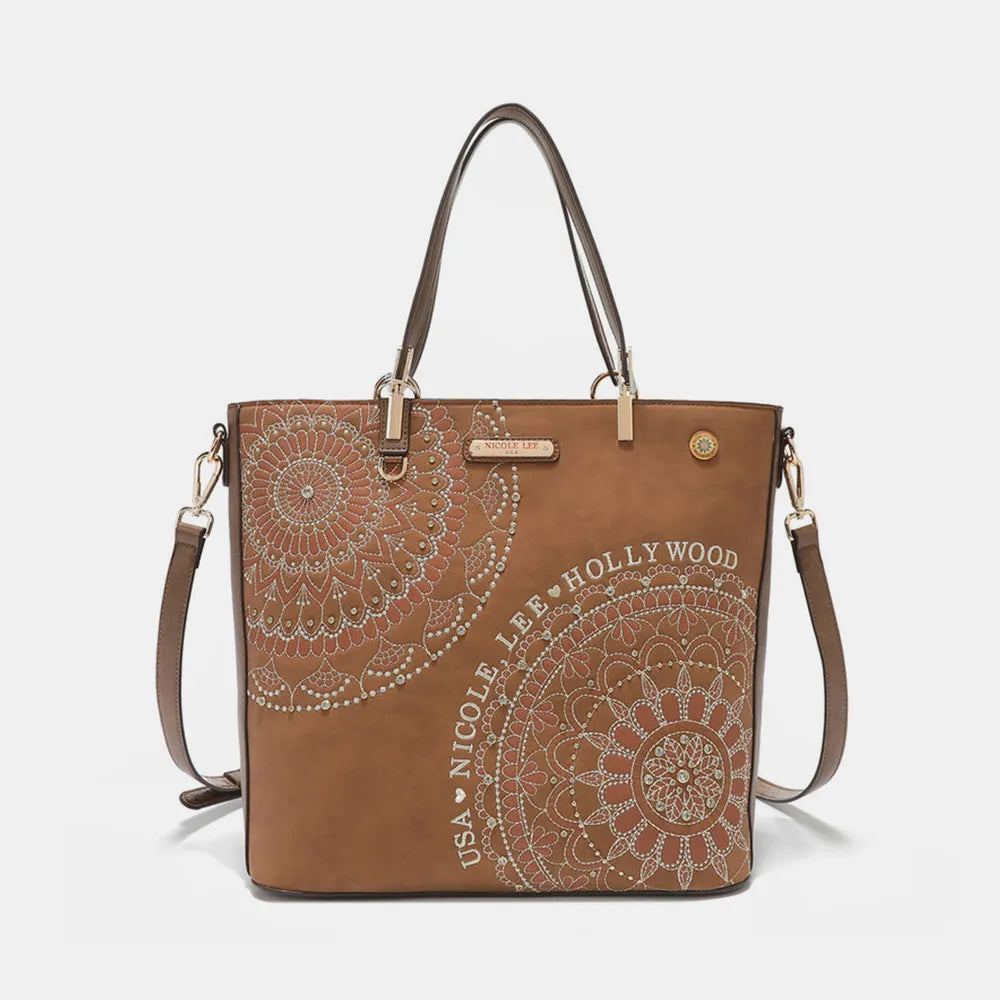 Nicole Lee USA Metallic Stitching Embroidery Inlaid Rhinestone Tote Bag - Premium Tote Bag from Trendsi - Just $64.99! Shop now at Handbags Specialist Headquarter