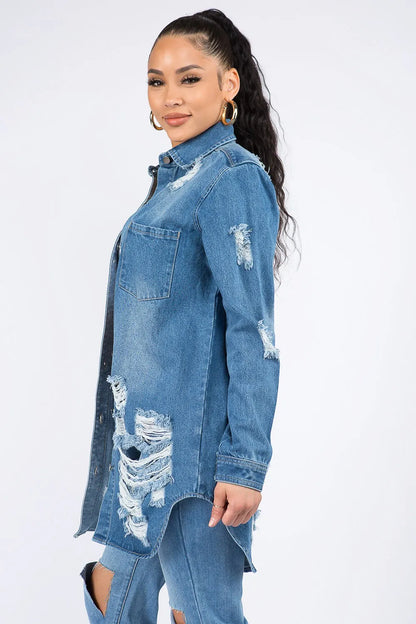 American Bazi Distressed Button Down Denim Shirt Jacket - Premium Women / Jeans & Denim from Trendsi - Just $30.74! Shop now at Handbags Specialist Headquarter