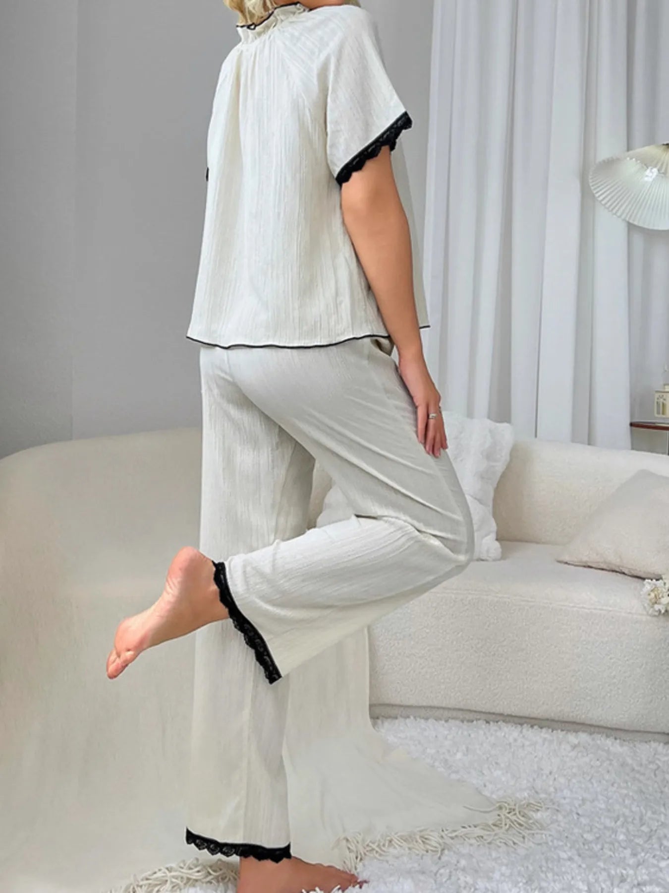 Contrast Trim Short Sleeve Top and Pants Set - Premium Sleepwear from Trendsi - Just $44.99! Shop now at Handbags Specialist Headquarter