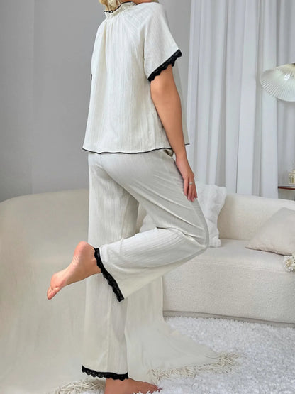 Contrast Trim Short Sleeve Top and Pants Set - Premium Sleepwear from Trendsi - Just $44.99! Shop now at Handbags Specialist Headquarter
