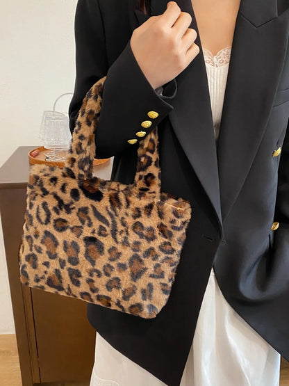 Leopard Fluff Handbag with Zip - Premium handbags from Trendsi - Just $14.99! Shop now at Handbags Specialist Headquarter
