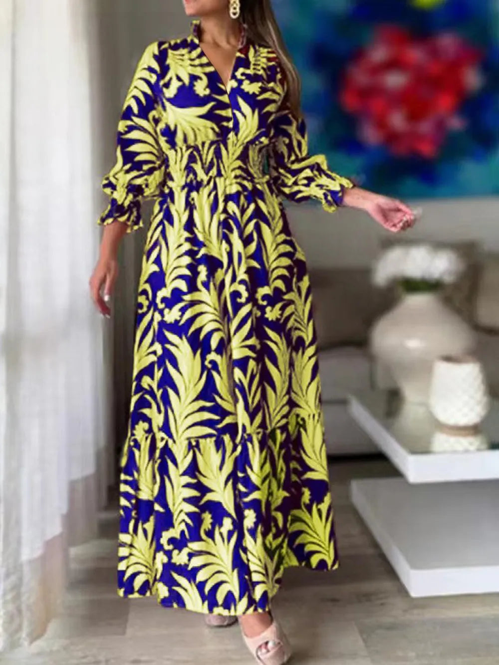 Printed Flounce Sleeve Maxi Dress - Premium Maxi Dress from Trendsi - Just $48.99! Shop now at Handbags Specialist Headquarter