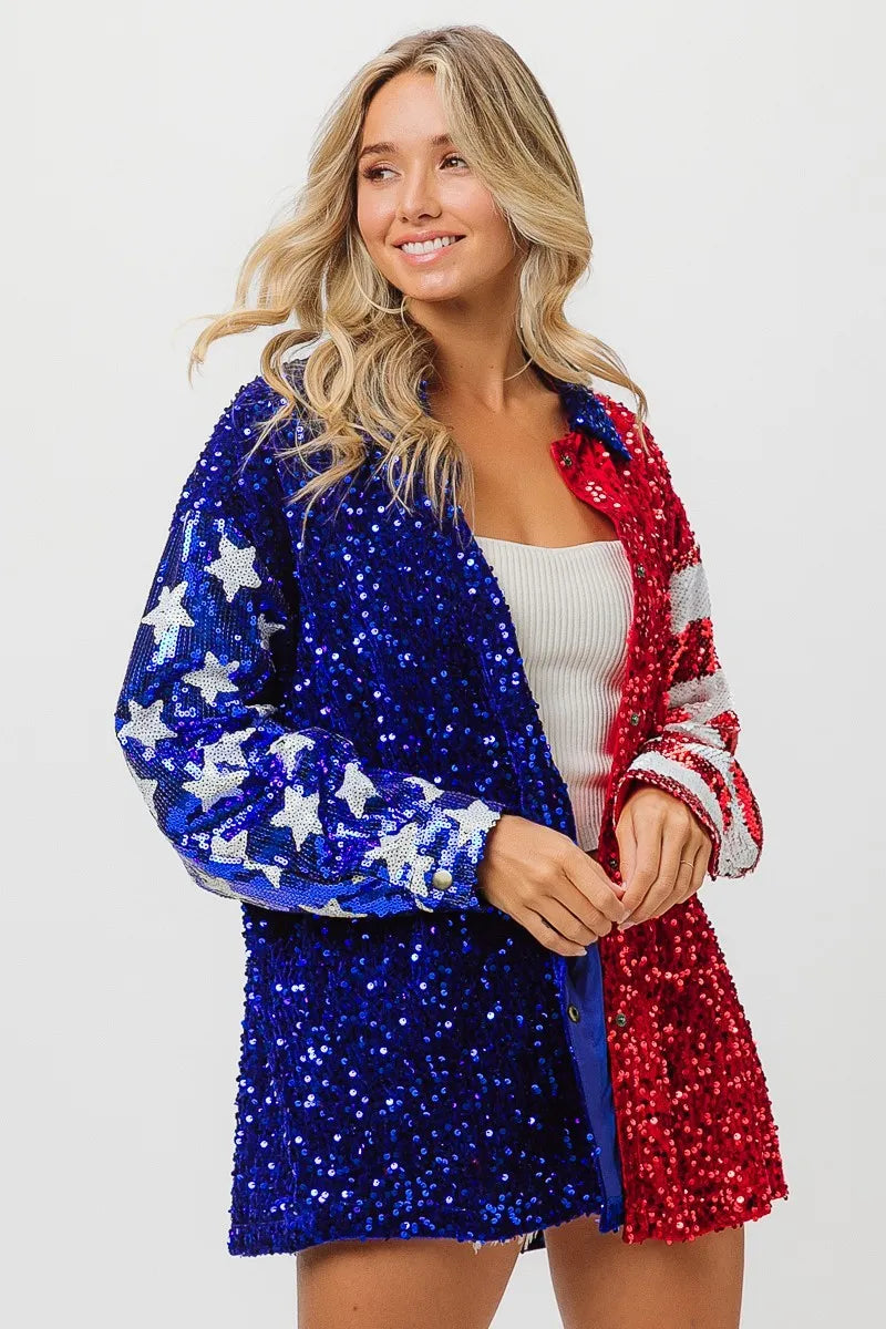 BiBi American Flag Sequin Snap Down Shirt - Premium Women / Jeans & Denim from Trendsi - Just $64.30! Shop now at Handbags Specialist Headquarter