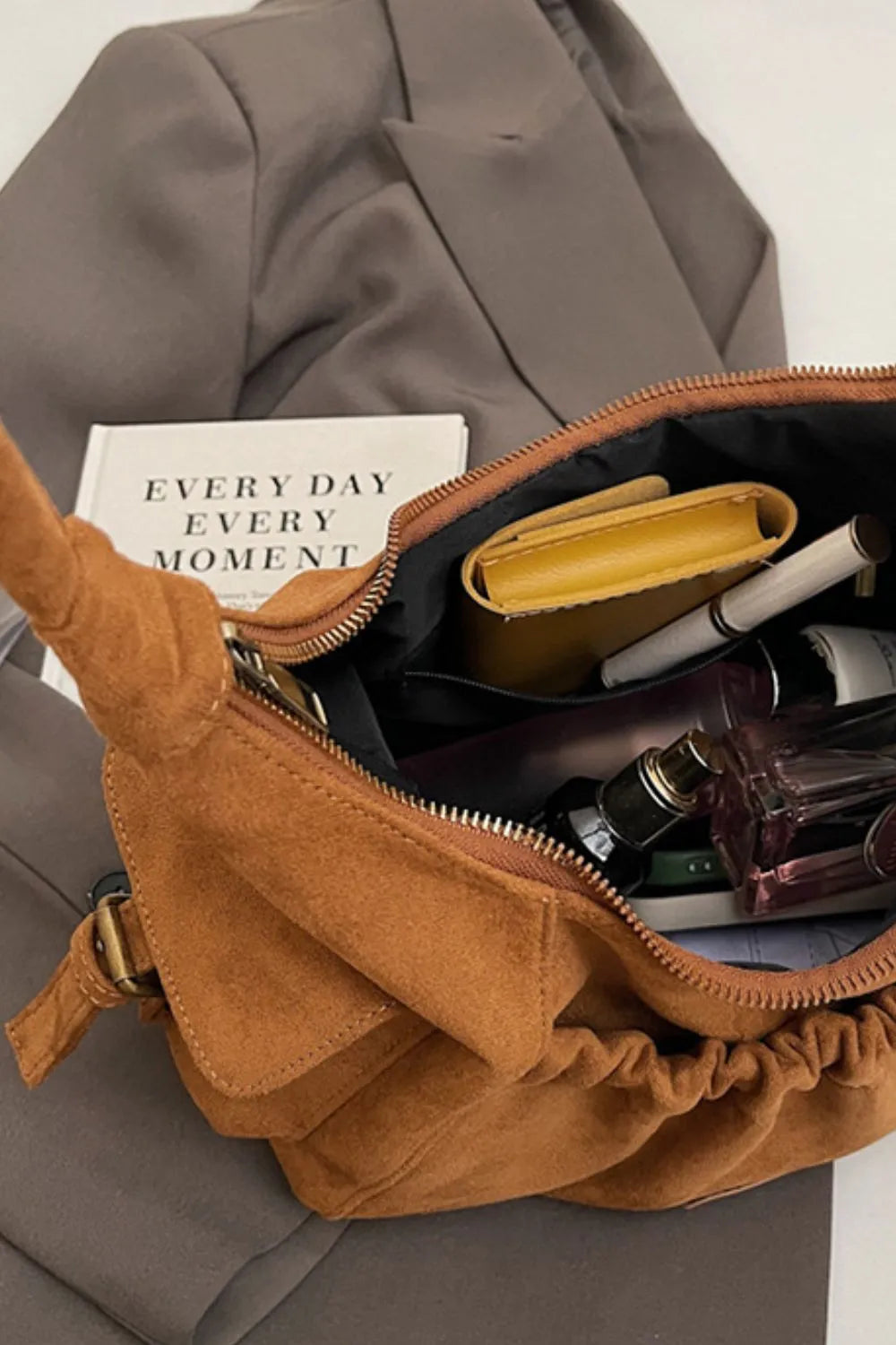 Ruched Suede Handbag with Zipper - Premium Tote Bag from Trendsi - Just $44.99! Shop now at Handbags Specialist Headquarter