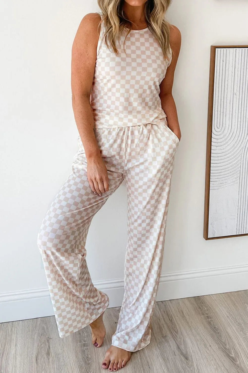 Ribbed Texture Checkered Print Tank and Pants Set - Premium Sleepwear from Trendsi - Just $39.99! Shop now at Handbags Specialist Headquarter