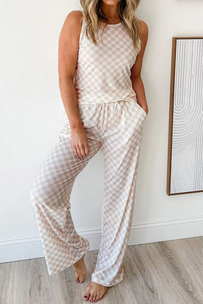 Ribbed Texture Checkered Print Tank and Pants Set - Premium Sleepwear from Trendsi - Just $39.99! Shop now at Handbags Specialist Headquarter