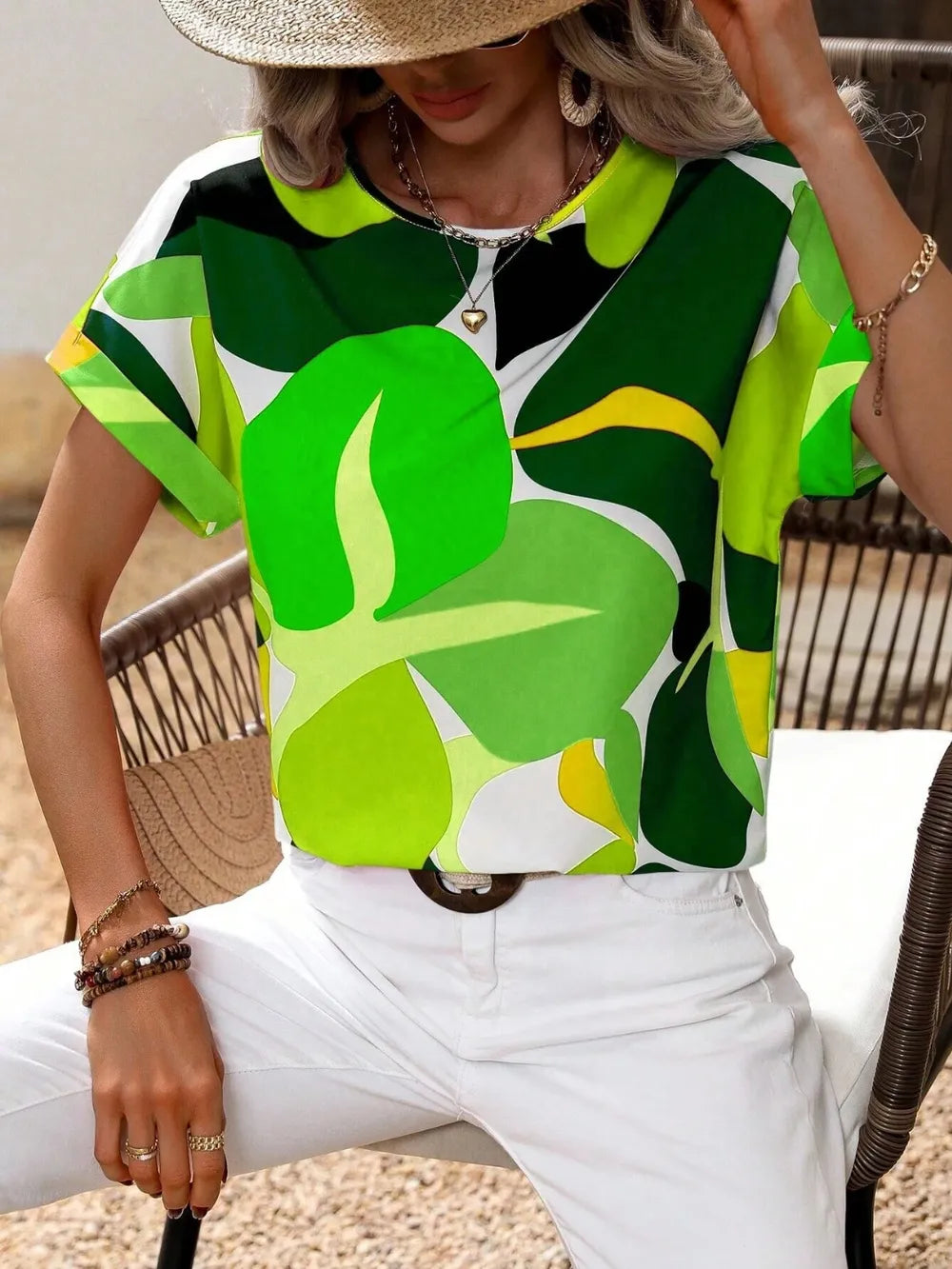 Contrast Round Neck Short Sleeve Blouse - Premium Tops from Trendsi - Just $23.06! Shop now at Handbags Specialist Headquarter