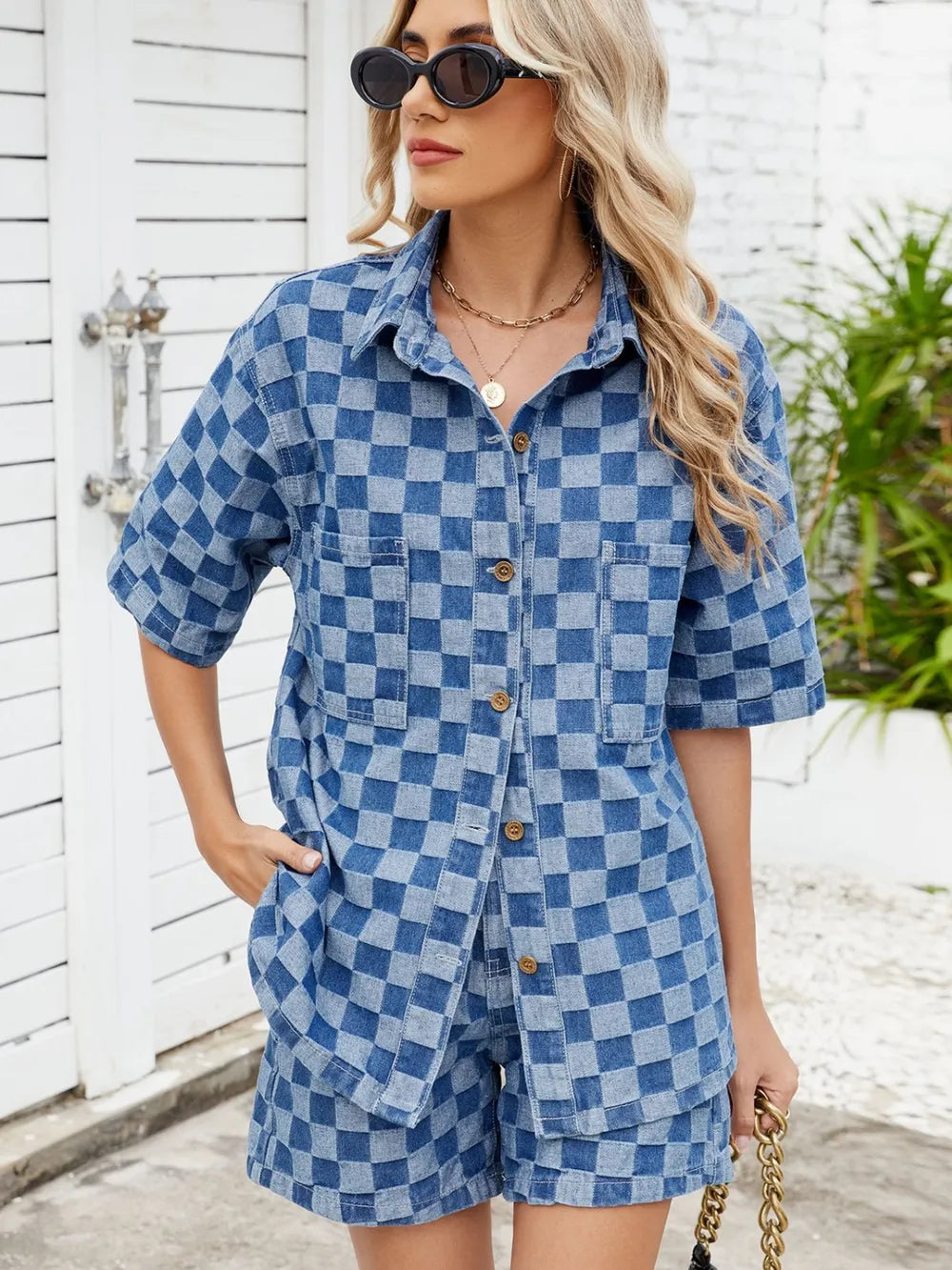 Checkered Shirt and Shorts Denim Set - Premium Women / Jeans & Denim from Trendsi - Just $69.06! Shop now at Handbags Specialist Headquarter