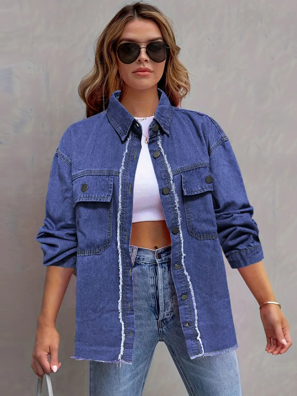Pocketed Collared Neck Long Sleeve Denim Shirt - Premium Women / Jeans & Denim from Trendsi - Just $38.26! Shop now at Handbags Specialist Headquarter