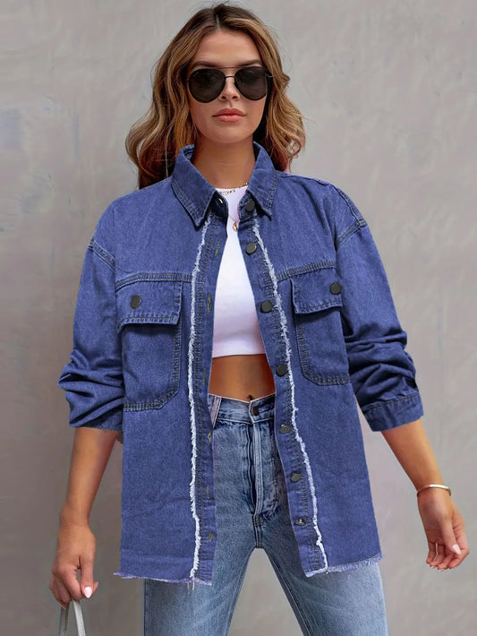Pocketed Collared Neck Long Sleeve Denim Shirt - Premium Women / Jeans & Denim from Trendsi - Just $38.26! Shop now at Handbags Specialist Headquarter