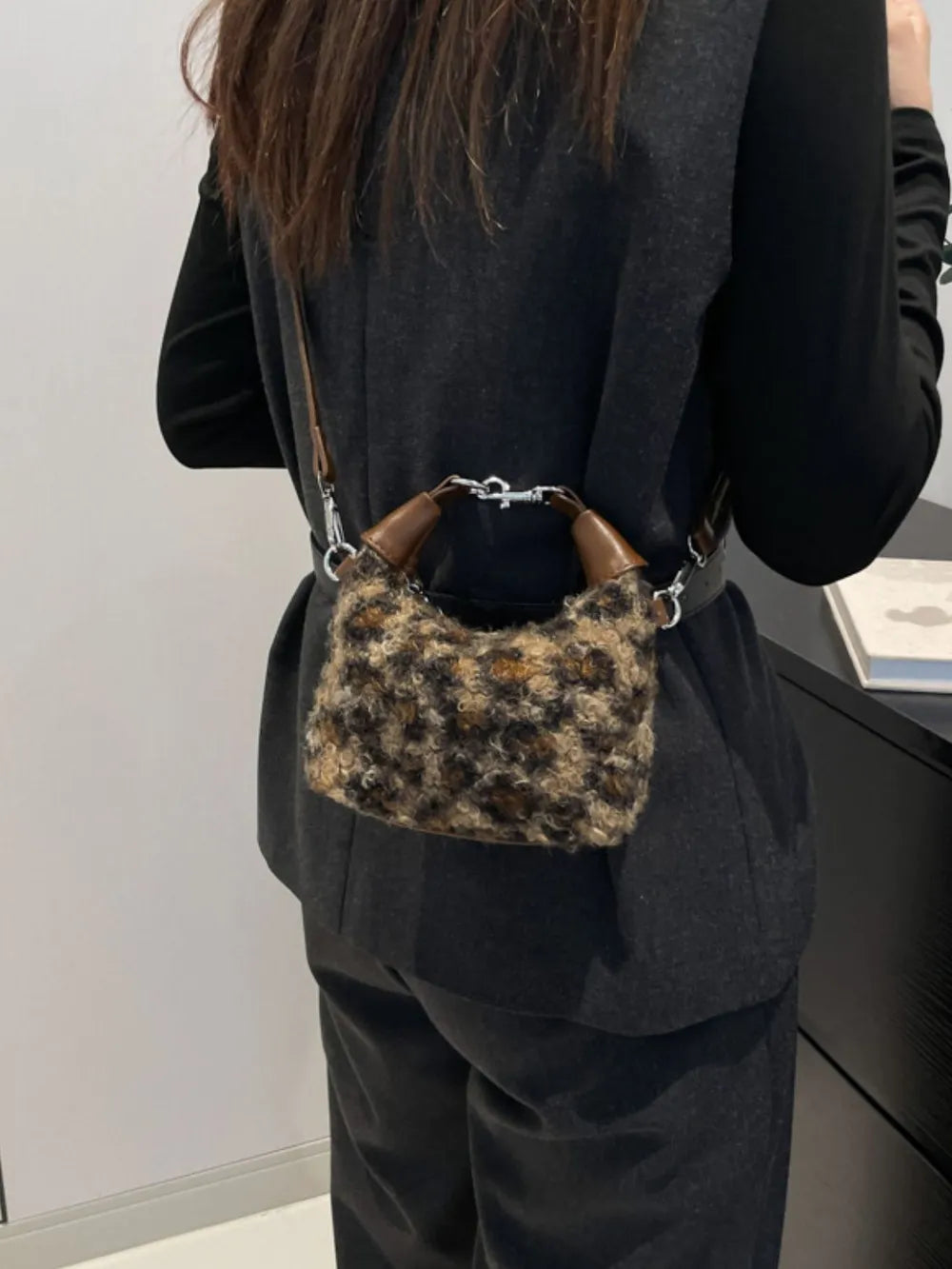 Fuzzy Polyester Mini Handbag with Zipper - Premium Tote Bag from Trendsi - Just $39.99! Shop now at Handbags Specialist Headquarter