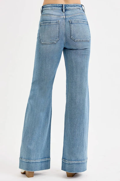 RISEN Full Size High Rise Wide Flare Patch Pocket Jeans Plus Size - Premium Women / Jeans & Denim from Trendsi - Just $66.99! Shop now at Handbags Specialist Headquarter