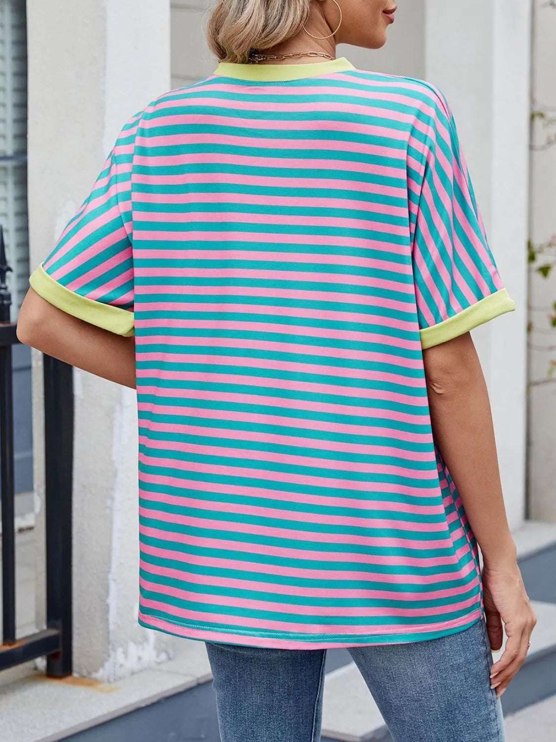 Striped Round Neck Half Sleeve T-Shirt - Premium Women / Tops from Trendsi - Just $19.34! Shop now at Handbags Specialist Headquarter