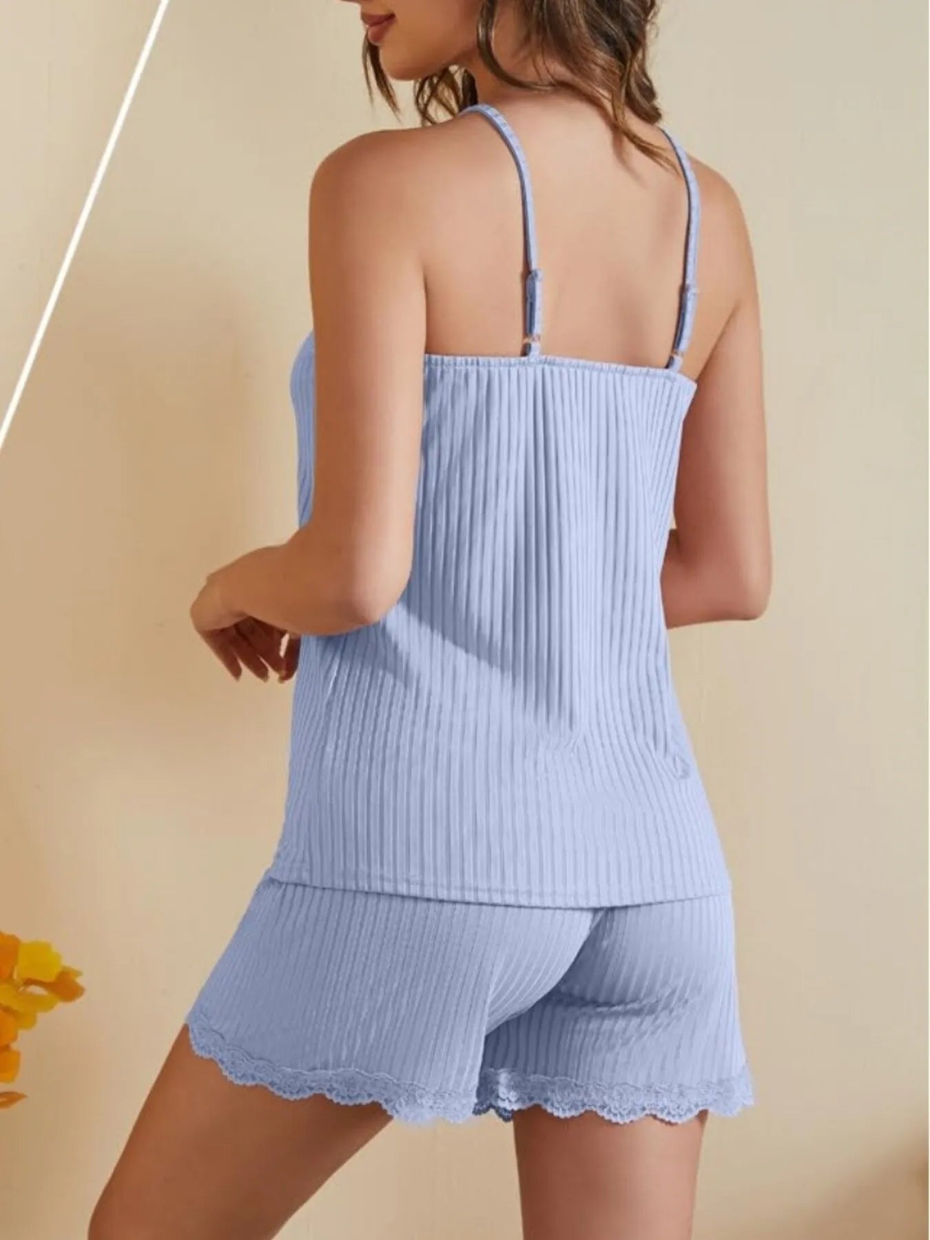 Lace-Trimmed Ribbed Cami and Shorts Lounge Set - Premium Sleepwear from Trendsi - Just $26.99! Shop now at Handbags Specialist Headquarter
