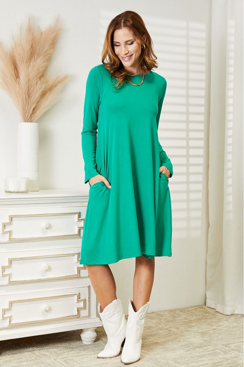 Zenana Full Size Long Sleeve Flare Dress with Pockets - Premium Dresses from Trendsi - Just $19.99! Shop now at Handbags Specialist Headquarter
