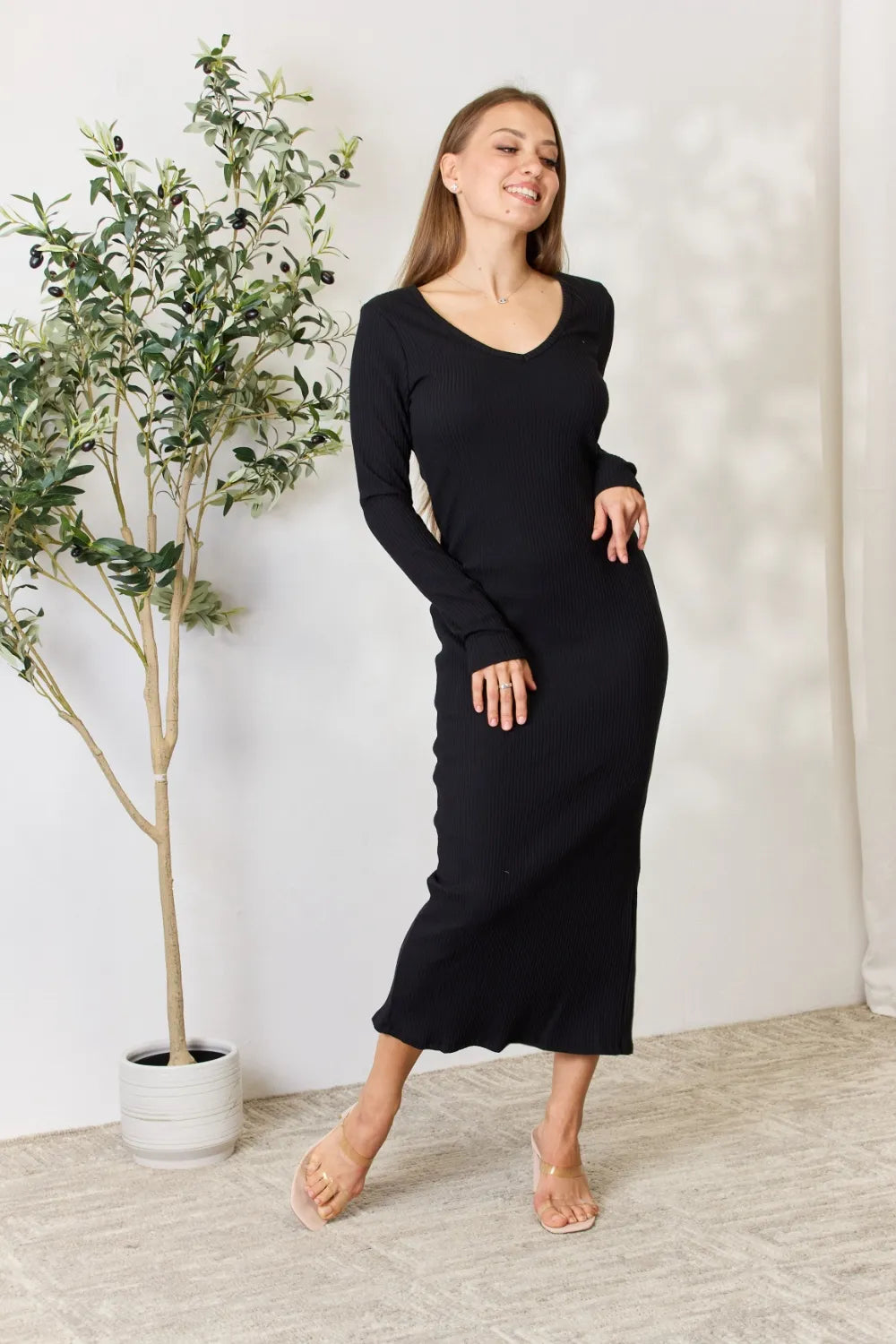 Culture Code Full Size Ribbed Long Sleeve Midi Slit Dress - Premium Dresses from Trendsi - Just $24.99! Shop now at Handbags Specialist Headquarter