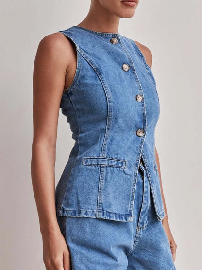 Button Down Denim Vest - Premium Women / Jeans & Denim from Trendsi - Just $34.56! Shop now at Handbags Specialist Headquarter