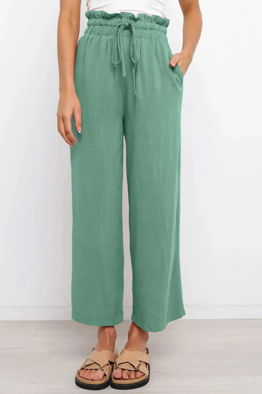 Drawstring Paperbag Waist Wide Leg Pants - Premium Women Pants from Trendsi - Just $31.99! Shop now at Handbags Specialist Headquarter