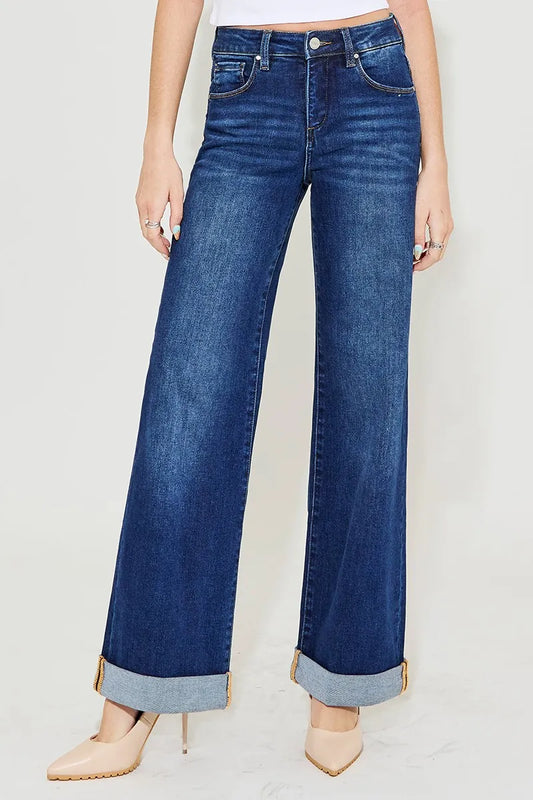 RISEN Full Size Tummy Control High Rise Wide Leg Cuffed Jeans Plus Size - Premium Women / Jeans & Denim from Trendsi - Just $70.99! Shop now at Handbags Specialist Headquarter