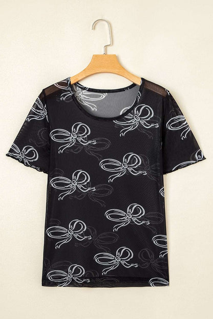 Bow Mesh Round Neck Short Sleeve T-Shirt - Premium Women / Tops from Trendsi - Just $14.84! Shop now at Handbags Specialist Headquarter