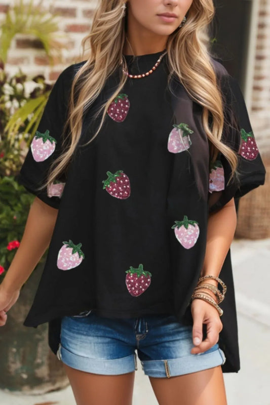 Sequin Strawberry High Low Half Sleeve Relaxed Fit T-Shirt - Premium Tops from Trendsi - Just $36.36! Shop now at Handbags Specialist Headquarter