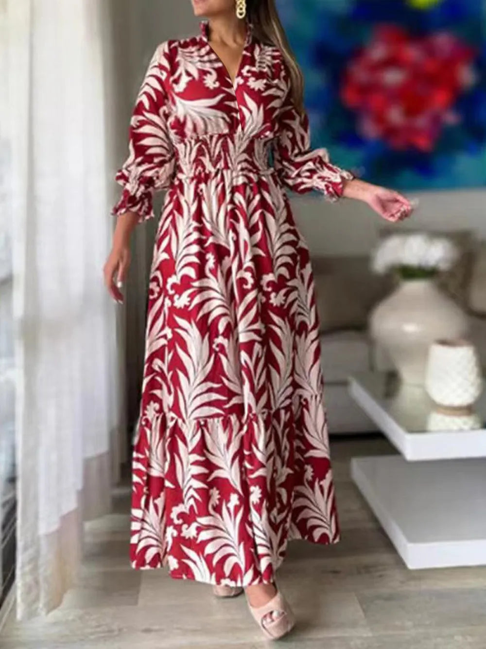 Printed Flounce Sleeve Maxi Dress - Premium Maxi Dress from Trendsi - Just $48.99! Shop now at Handbags Specialist Headquarter