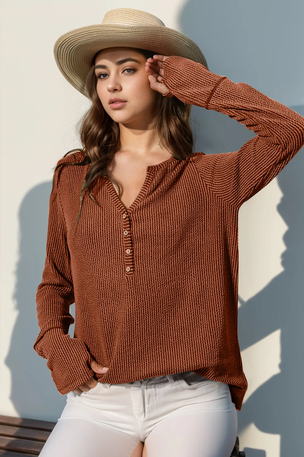 Double Take Full Size Notched Thumbhole Long Sleeve T-Shirt - Premium Tops from Trendsi - Just $25.88! Shop now at Handbags Specialist Headquarter
