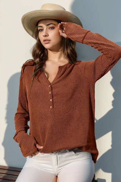 Double Take Full Size Notched Thumbhole Long Sleeve T-Shirt - Premium Tops from Trendsi - Just $25.88! Shop now at Handbags Specialist Headquarter