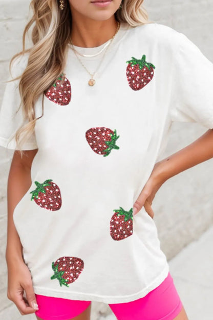 Sequin Strawberry Crew Neck Short Sleeve T Shirt - Premium Tops from Trendsi - Just $27.42! Shop now at Handbags Specialist Headquarter