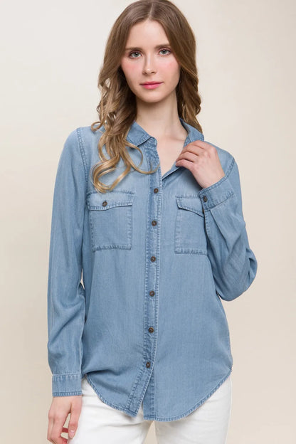 Love Tree Scooped Hem Button Up Denim Shirt - Premium Women / Jeans & Denim from Trendsi - Just $37.82! Shop now at Handbags Specialist Headquarter