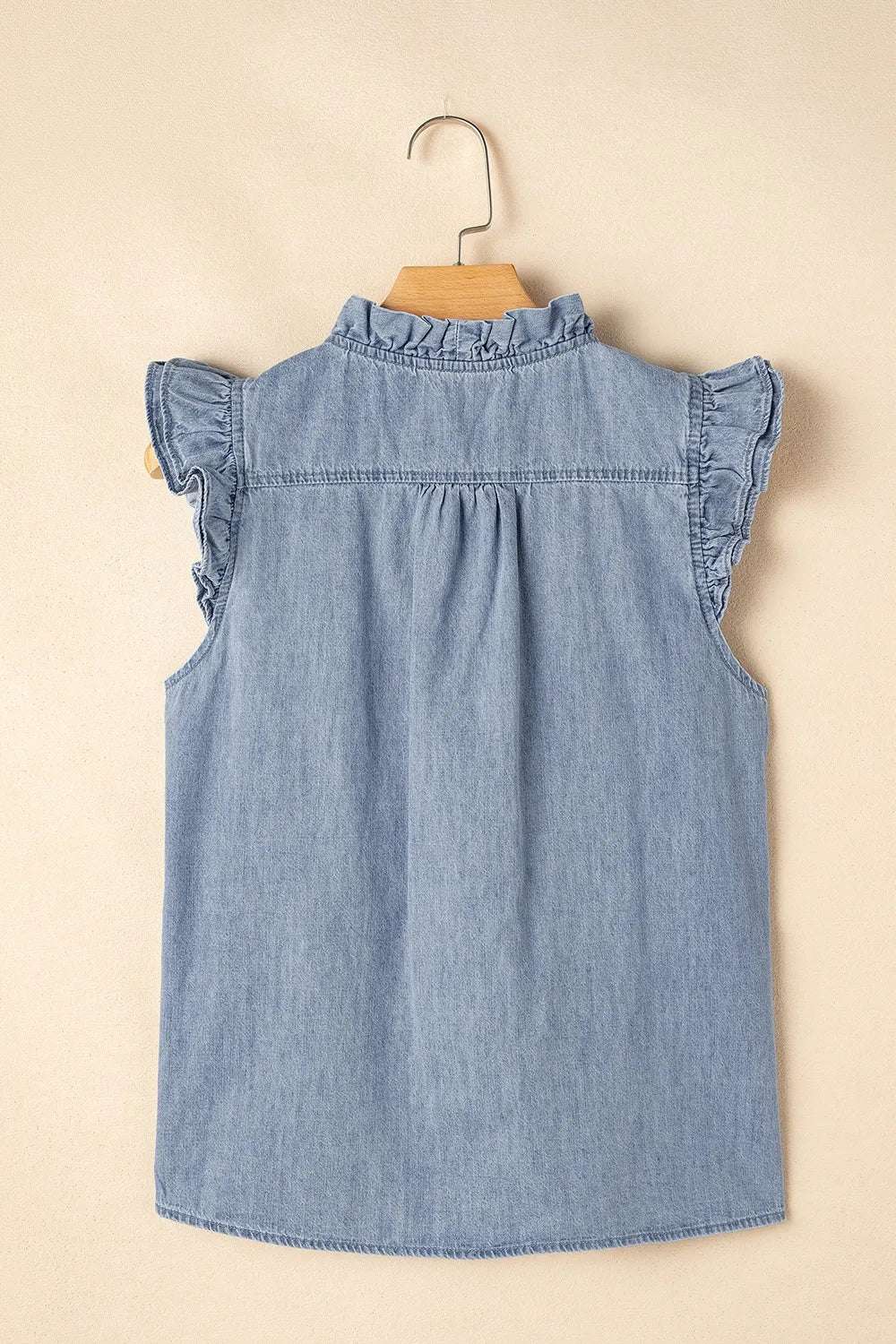 Frilly Ruffle Trim V Neck Chambray Tank - Premium Women / Jeans & Denim from Trendsi - Just $39.66! Shop now at Handbags Specialist Headquarter